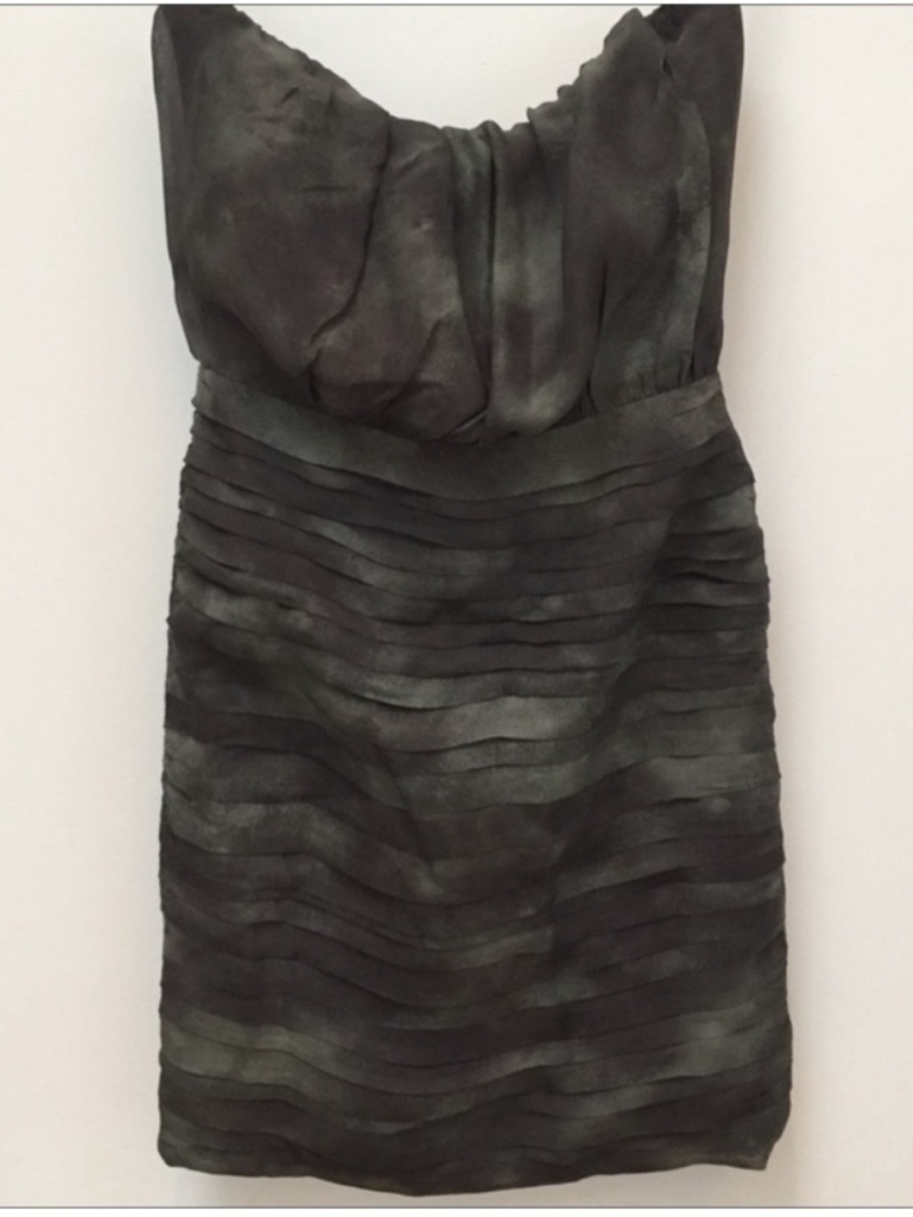 Lia Kes Green Gray Camo Print Pleated Silk Chiffon Strapless Dress 0
